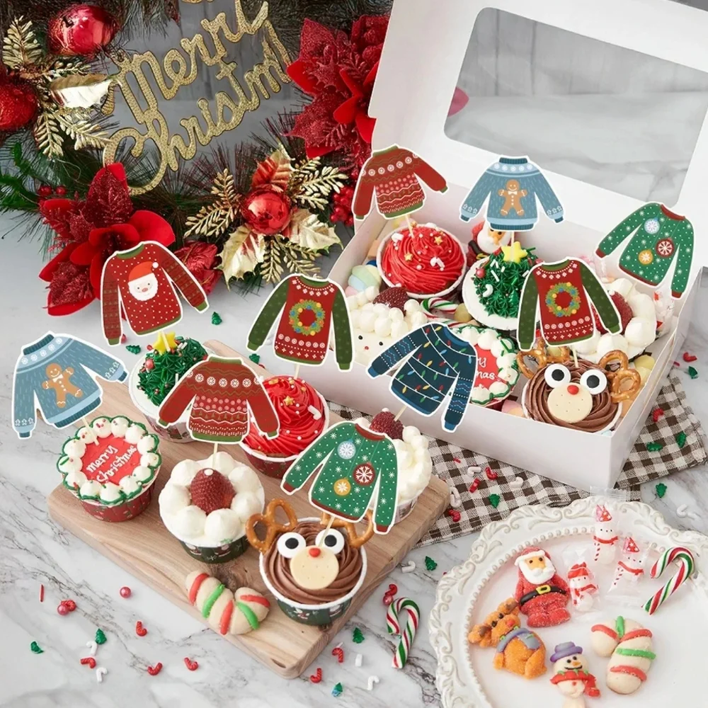 36 Pcs Christmas Cupcake Toppers, 6 Ugly Sweater Designs, Holiday Party Decor